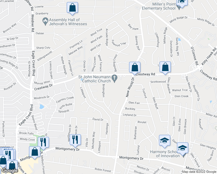 map of restaurants, bars, coffee shops, grocery stores, and more near 6666 Crestway Drive in San Antonio
