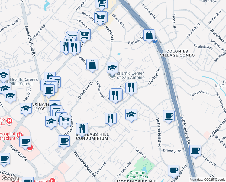 map of restaurants, bars, coffee shops, grocery stores, and more near 11 Bluffcreek Drive in San Antonio