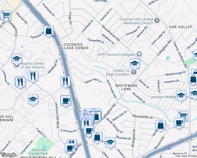 map of restaurants, bars, coffee shops, grocery stores, and more near 3327 Fallen Leaf Lane in San Antonio
