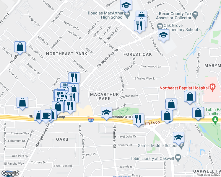 map of restaurants, bars, coffee shops, grocery stores, and more near 2806 Old Moss Road in San Antonio