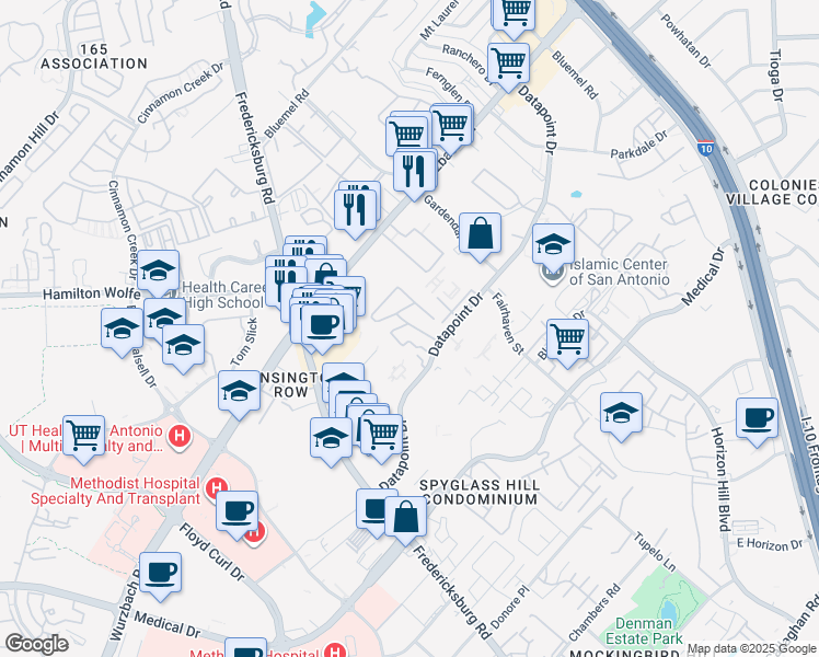 map of restaurants, bars, coffee shops, grocery stores, and more near 8611 Datapoint Drive in San Antonio