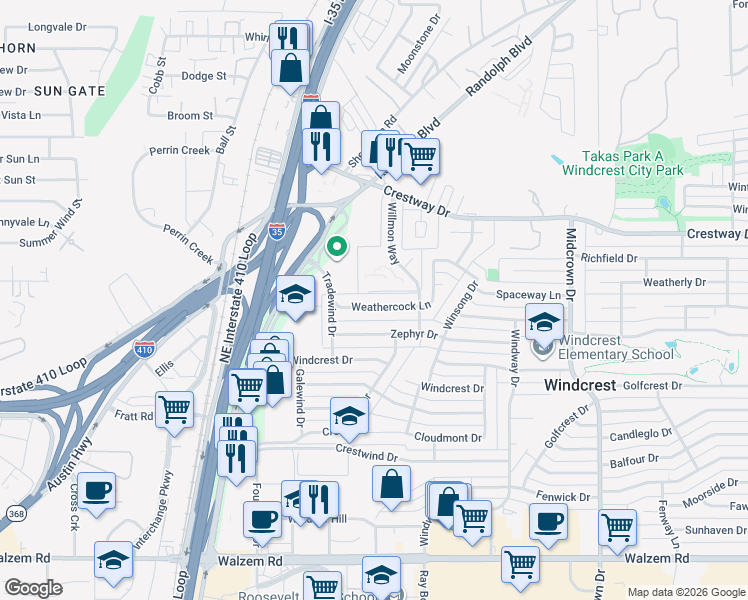 map of restaurants, bars, coffee shops, grocery stores, and more near 241 Weathercock Lane in San Antonio
