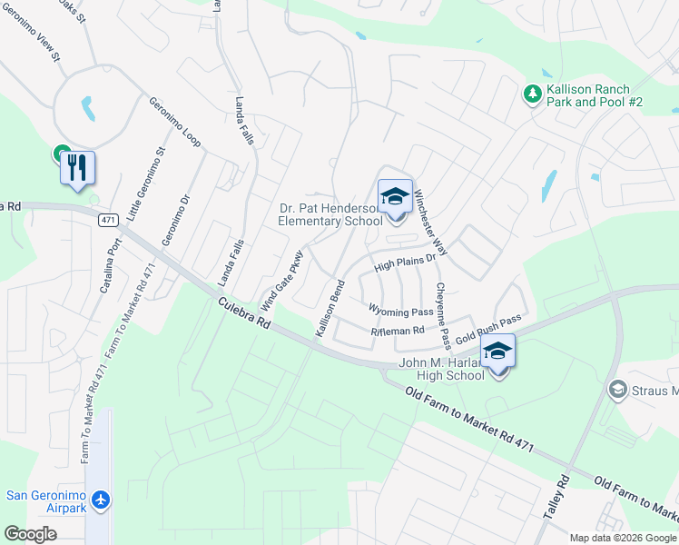 map of restaurants, bars, coffee shops, grocery stores, and more near 8435 Autry Bend in San Antonio
