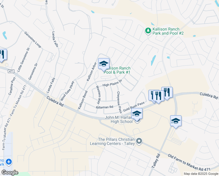 map of restaurants, bars, coffee shops, grocery stores, and more near 8443 Painted Wagon in San Antonio