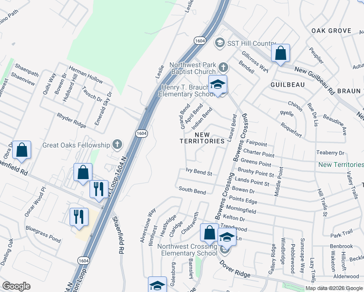 map of restaurants, bars, coffee shops, grocery stores, and more near 8019 Grand Bend in San Antonio