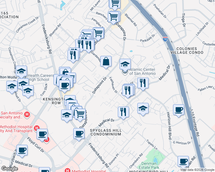 map of restaurants, bars, coffee shops, grocery stores, and more near 8710 Datapoint Drive in San Antonio