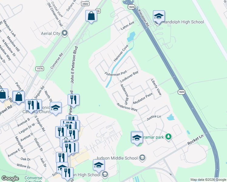 map of restaurants, bars, coffee shops, grocery stores, and more near 9314 Lookover Bay in Converse