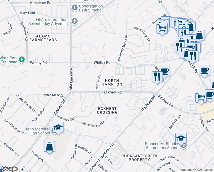 map of restaurants, bars, coffee shops, grocery stores, and more near 8516 Echo Creek Lane in San Antonio
