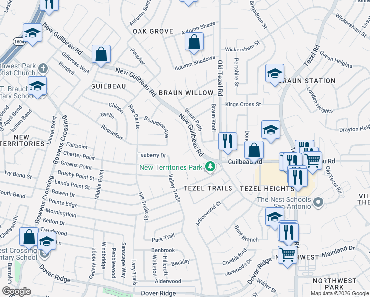 map of restaurants, bars, coffee shops, grocery stores, and more near 8400 Braun Walk in San Antonio