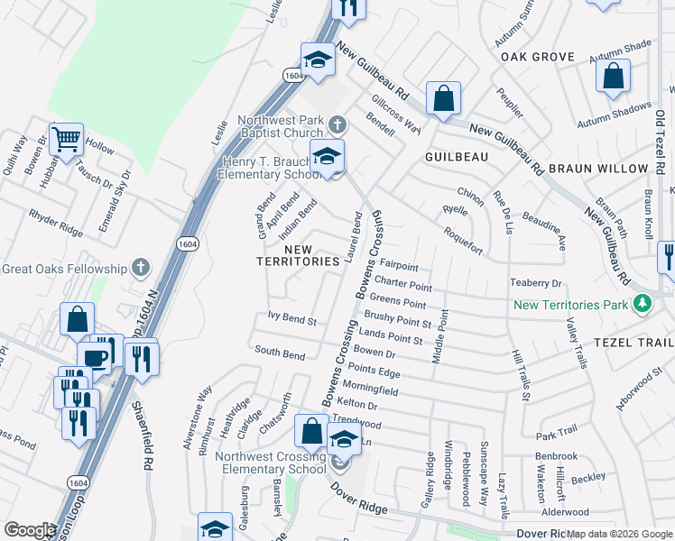 map of restaurants, bars, coffee shops, grocery stores, and more near 8037 Orchard Bend Street in San Antonio