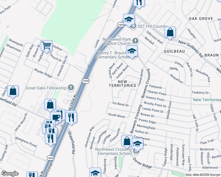 map of restaurants, bars, coffee shops, grocery stores, and more near 8019 Grand Bend in San Antonio