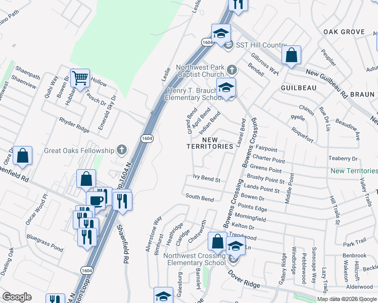 map of restaurants, bars, coffee shops, grocery stores, and more near 8019 Grand Bend in San Antonio