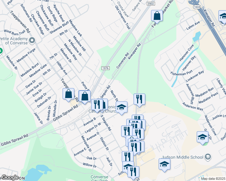 map of restaurants, bars, coffee shops, grocery stores, and more near 204 North Street in Converse