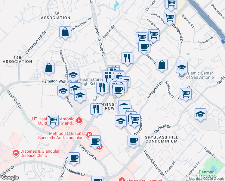 map of restaurants, bars, coffee shops, grocery stores, and more near Fredericksburg Rd & Wurzbach Rd in San Antonio
