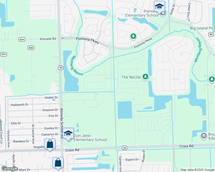 map of restaurants, bars, coffee shops, grocery stores, and more near 3110 County Road 58 in Manvel