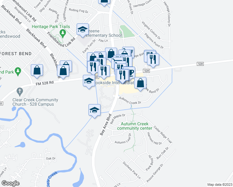 map of restaurants, bars, coffee shops, grocery stores, and more near 3107 Bay Area Boulevard in Friendswood
