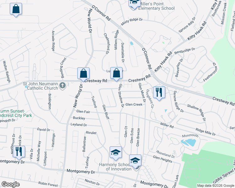 map of restaurants, bars, coffee shops, grocery stores, and more near 7102 Whittney Ridge Drive in San Antonio