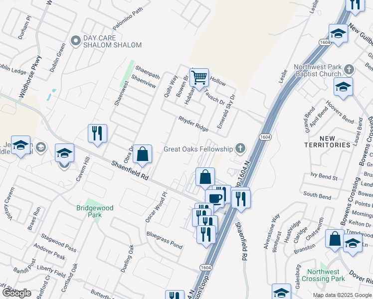 map of restaurants, bars, coffee shops, grocery stores, and more near 10415 Reckless in San Antonio