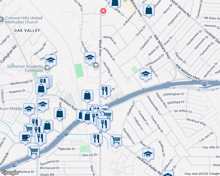 map of restaurants, bars, coffee shops, grocery stores, and more near 109 Adobe Drive in San Antonio