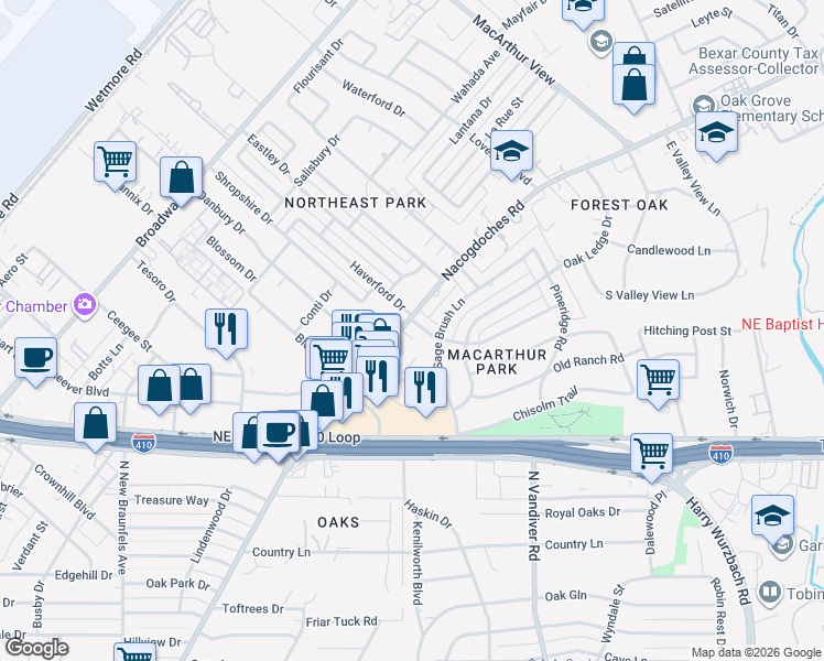 map of restaurants, bars, coffee shops, grocery stores, and more near 2640 Nacogdoches Rd in San Antonio