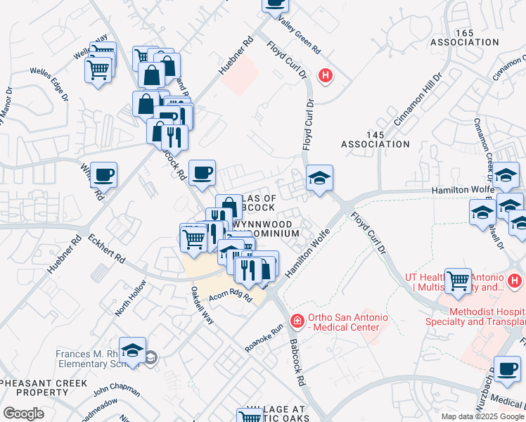 map of restaurants, bars, coffee shops, grocery stores, and more near 19 Caswell Circle in San Antonio