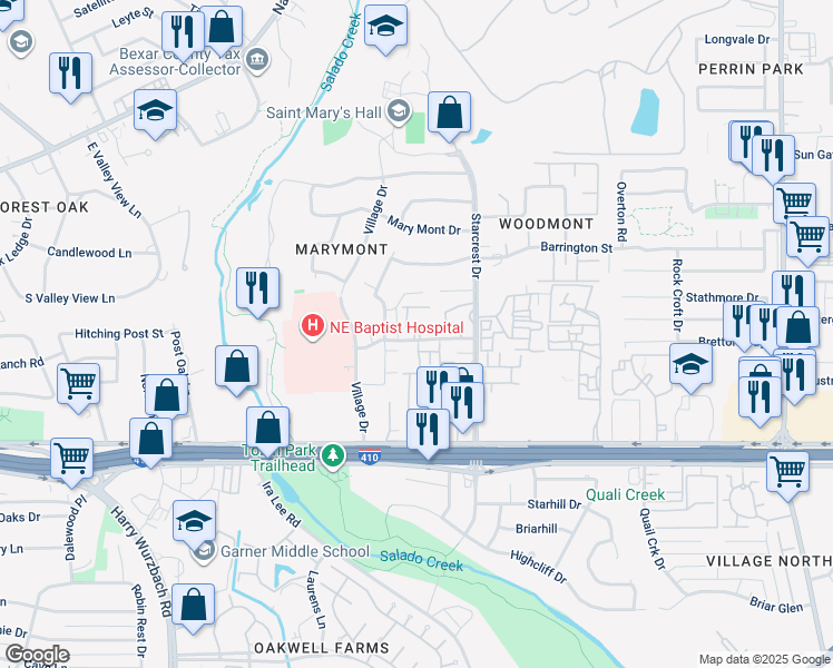map of restaurants, bars, coffee shops, grocery stores, and more near 3605 Hidden Drive in San Antonio