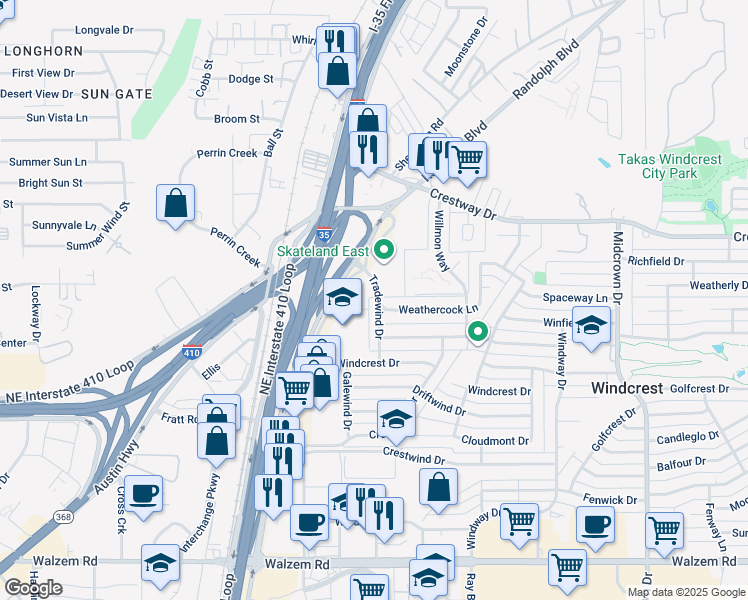 map of restaurants, bars, coffee shops, grocery stores, and more near 8775 Tradewind Drive in San Antonio