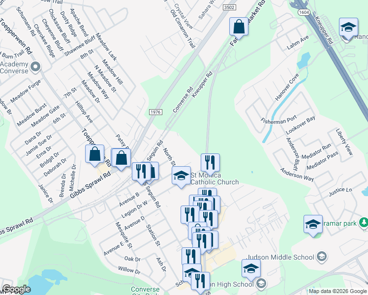 map of restaurants, bars, coffee shops, grocery stores, and more near 9205 Farm-To-Market Road 78 in Converse