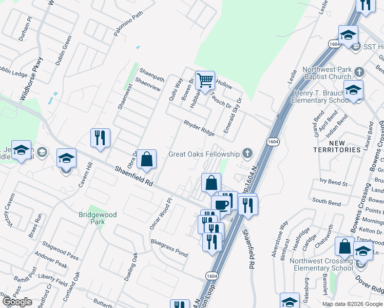map of restaurants, bars, coffee shops, grocery stores, and more near 10415 Reckless in San Antonio