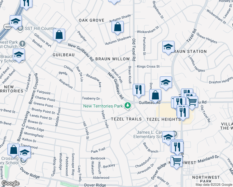 map of restaurants, bars, coffee shops, grocery stores, and more near 8400 Braun Walk in San Antonio