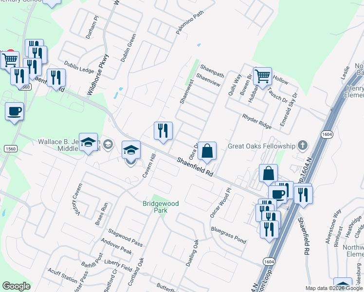map of restaurants, bars, coffee shops, grocery stores, and more near 10734 Shaencrossing in San Antonio
