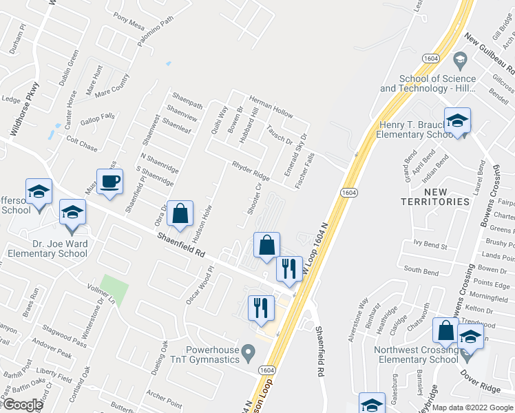 map of restaurants, bars, coffee shops, grocery stores, and more near 8518 Shooter Cove in San Antonio