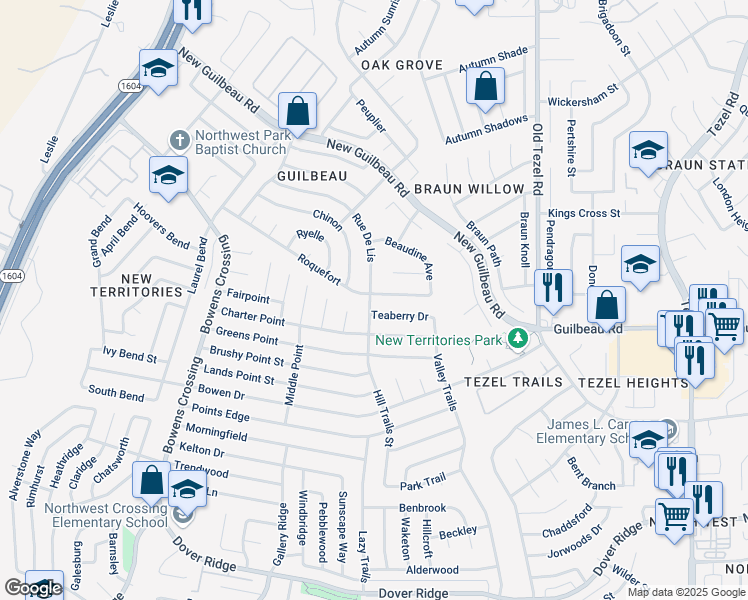 map of restaurants, bars, coffee shops, grocery stores, and more near 8862 Roquefort in San Antonio