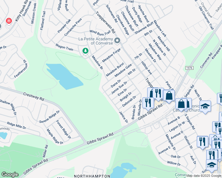 map of restaurants, bars, coffee shops, grocery stores, and more near 627 Jamie Sue Drive in Converse