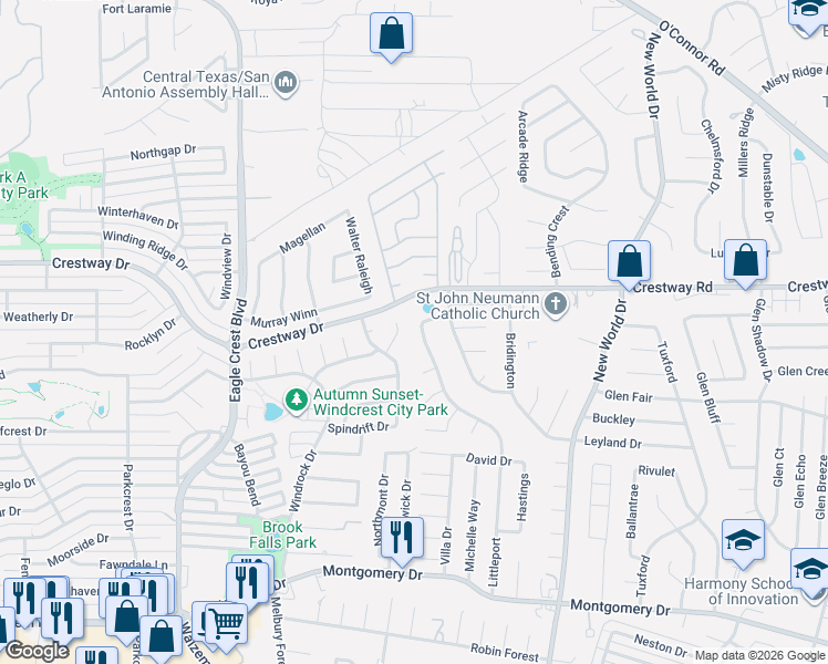 map of restaurants, bars, coffee shops, grocery stores, and more near 8555 Littleport in San Antonio