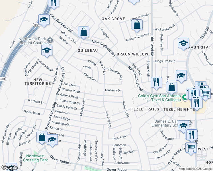 map of restaurants, bars, coffee shops, grocery stores, and more near 8862 Roquefort in San Antonio