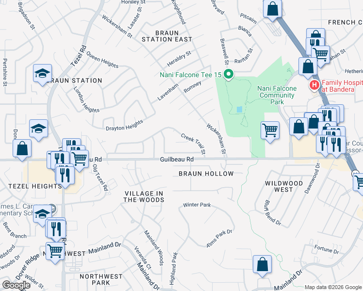 map of restaurants, bars, coffee shops, grocery stores, and more near 7718 Crooked Brook Street in San Antonio
