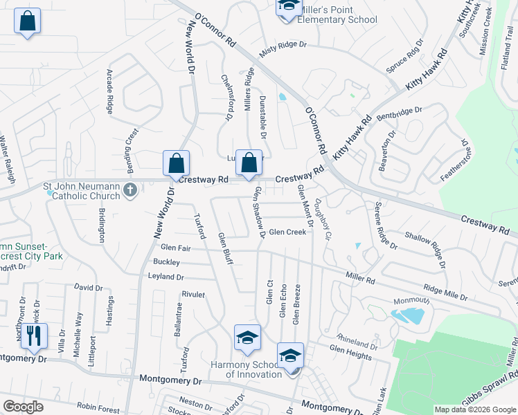 map of restaurants, bars, coffee shops, grocery stores, and more near 7102 Whittney Ridge Drive in San Antonio