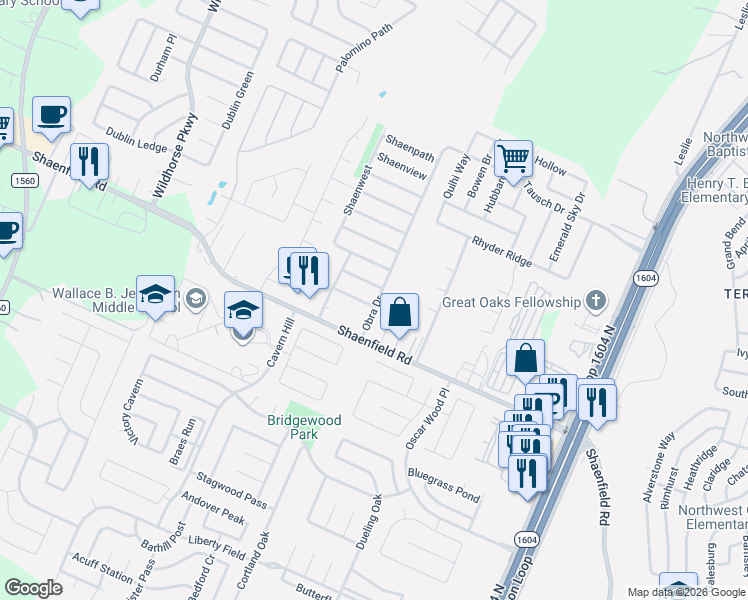 map of restaurants, bars, coffee shops, grocery stores, and more near 10703 Shaencrossing in San Antonio