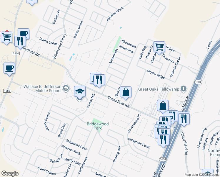 map of restaurants, bars, coffee shops, grocery stores, and more near 10734 Shaencrossing in San Antonio