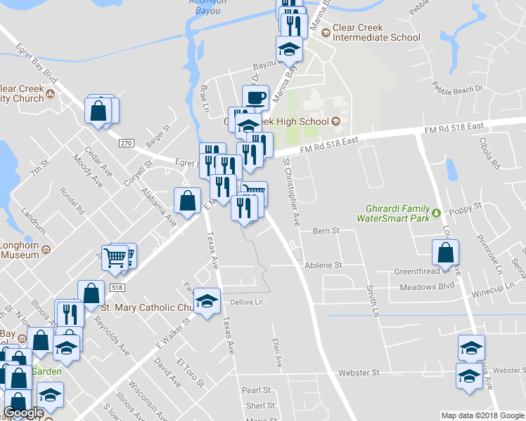map of restaurants, bars, coffee shops, grocery stores, and more near 250 South Farm-To-Market Road 270 in League City