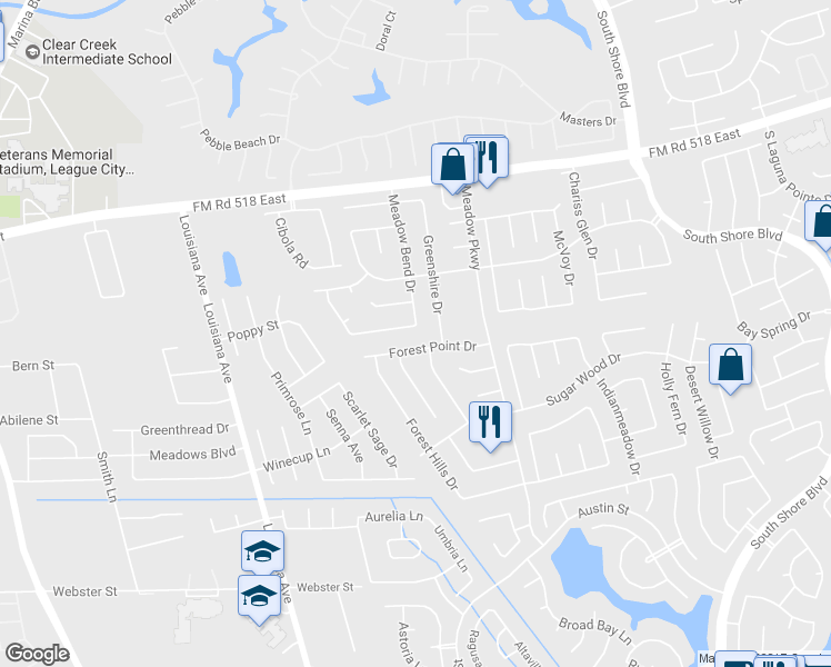 map of restaurants, bars, coffee shops, grocery stores, and more near 2799 Glen Haven Dr in League City