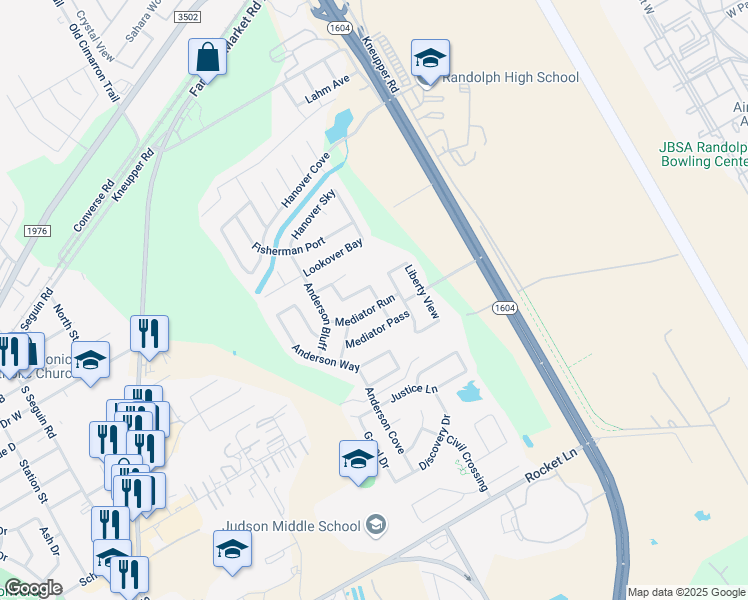 map of restaurants, bars, coffee shops, grocery stores, and more near 9631 Mediator Run in Converse