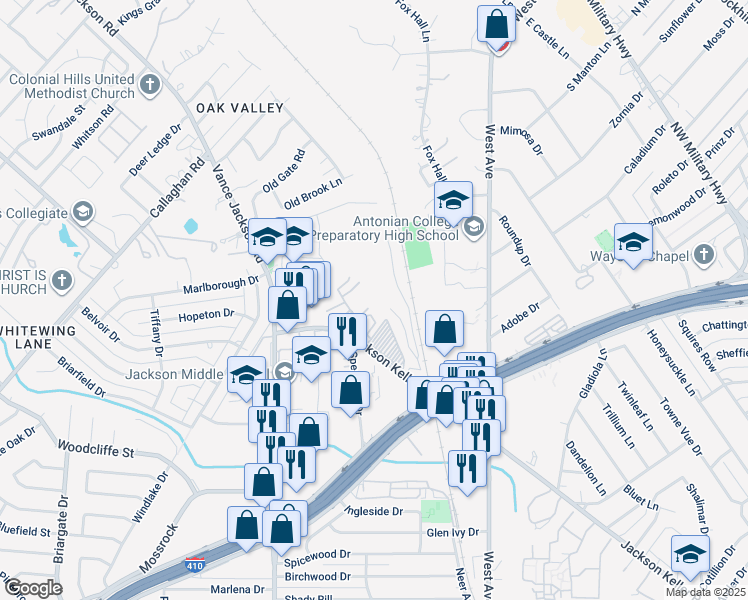 map of restaurants, bars, coffee shops, grocery stores, and more near 2503 Jackson Keller Road in San Antonio