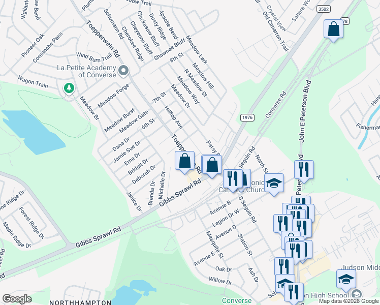 map of restaurants, bars, coffee shops, grocery stores, and more near 306 Toepperwein Rd in Converse