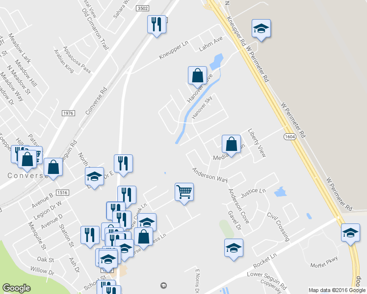 map of restaurants, bars, coffee shops, grocery stores, and more near 9314 Lookover Bay in Converse