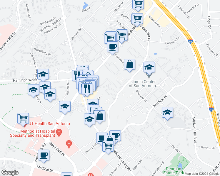 map of restaurants, bars, coffee shops, grocery stores, and more near 8611 Datapoint Drive in San Antonio