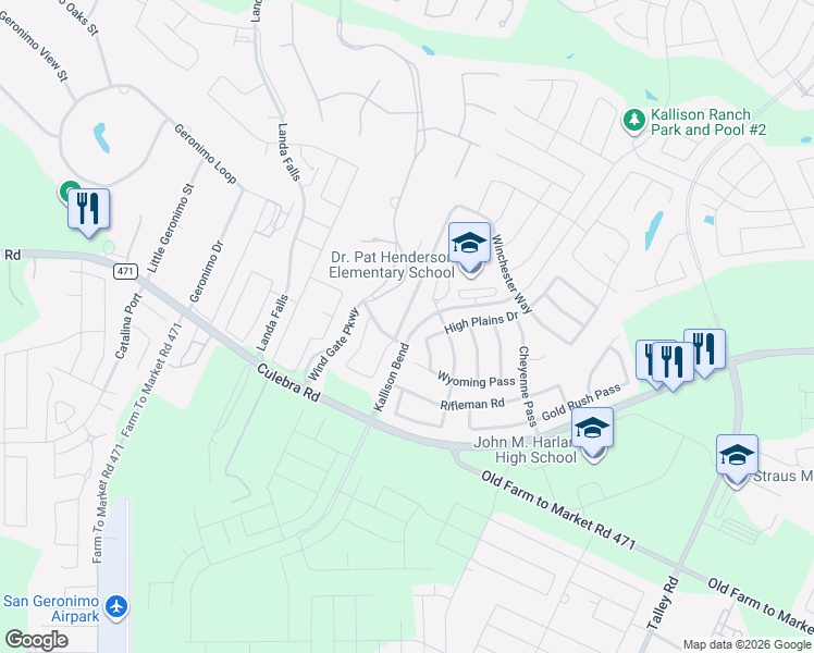 map of restaurants, bars, coffee shops, grocery stores, and more near 8435 Autry Bend in San Antonio