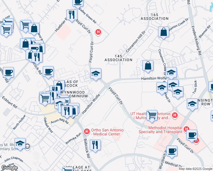 map of restaurants, bars, coffee shops, grocery stores, and more near Floyd Curl Dr & Hamilton Wolfe Rd in San Antonio