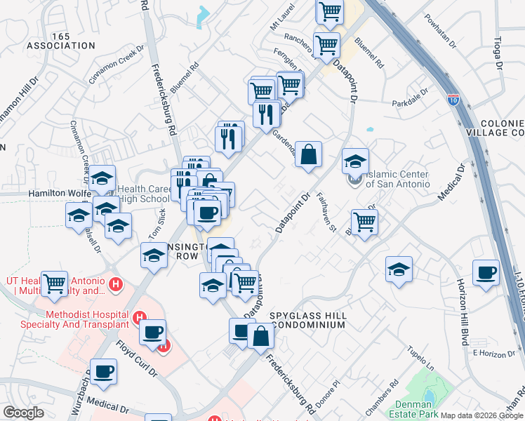 map of restaurants, bars, coffee shops, grocery stores, and more near 8611 Datapoint Drive in San Antonio